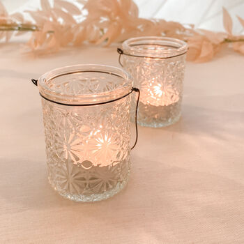 Two Pressed Glass Tea Light Holders With Wire Hanger, 7 of 8