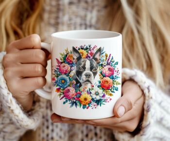 Personalised Boston Terrier Summer Floral Dog Wreath Cushion And Mug Gift Bundle, 2 of 4