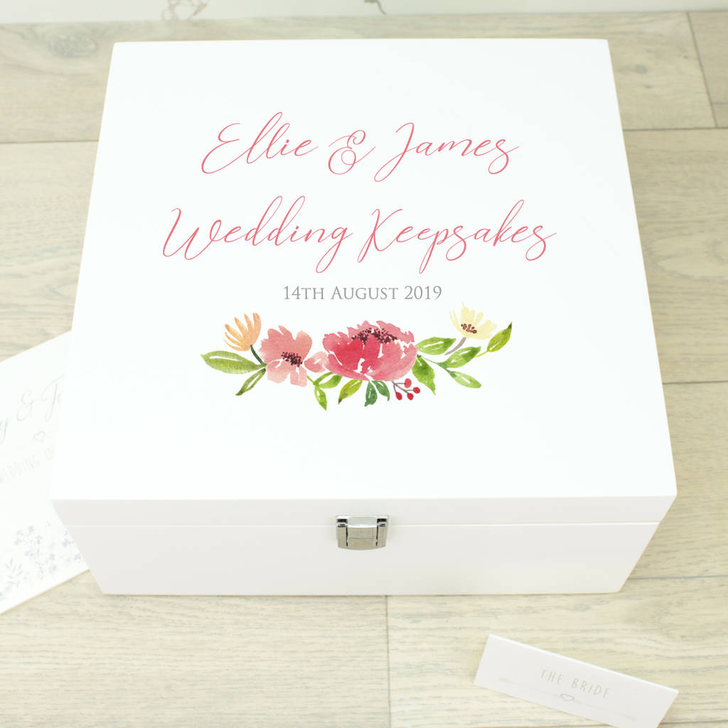 White Flower Personalised Wooden Wedding Ring Box Custom Names & Date Memory Box 