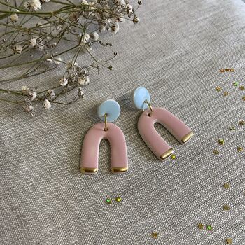 Pink And Baby Blue Ceramic Earrings 22k Gold Lustre, 2 of 3