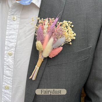 Pastel Pink And Purple Dried Flower Buttonhole, 2 of 3