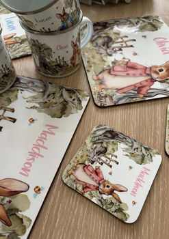 Kids Personalised Little Bunny Placemat, Coaster And Mug Dinner Set, 2 of 11