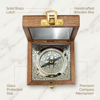 Vintage Brass Compass With Wooden Box And Engraved Quote, 9 of 12