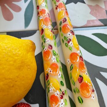 Ivory Hand Painted Pair Of Fruit Taper Candles, 2 of 3