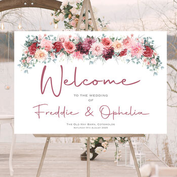 Wedding Welcome Sign Burgundy Red Pink Florals, 2 of 7