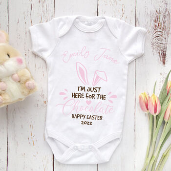 Just Here For The Chocolate Bunny Ears Baby Grow, 2 of 3