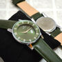 Personalised Men’s Green Leather Engraved Wrist Watch, thumbnail 4 of 6