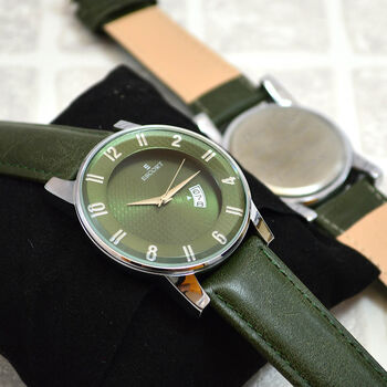Personalised Men’s Green Leather Engraved Wrist Watch, 4 of 6