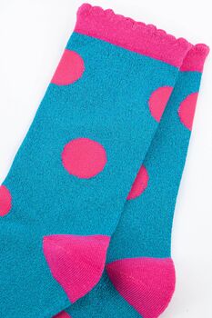 Women's Glitter Socks Turquoise Pink Large Polka Dot, 3 of 4