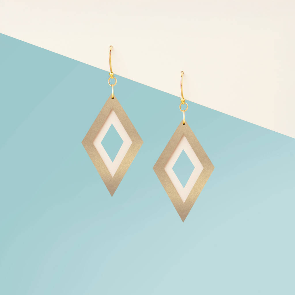 Pearlescent Taupe And Cream Diamond Shaped Layered Earrings • Gold Plated Sterling Silver Hooks, 1 of 8