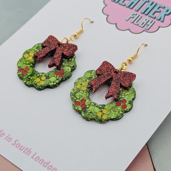 Green Christmas Wreath Glitter Resin Earrings, 8 of 8