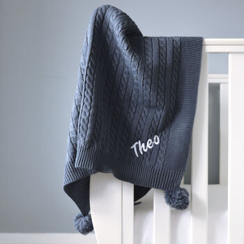 Personalised Cable Knit Pom Pom Blanket Steel, 6 of 9