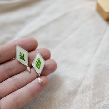 Pressed Fern And Freshwater Pearl Sterling Silver Studs, 3 of 6