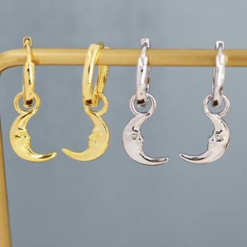 Sterling Silver Moon Face Hoop Earrings, 2 of 12