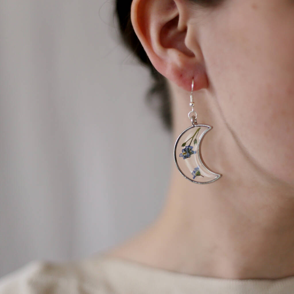 Forget Me Not Crescent Moon Drop Earrings, 1 of 4
