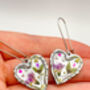 Silver Colour Heart Earrings With Pink Flowers, thumbnail 2 of 8
