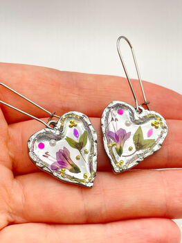 Silver Colour Heart Earrings With Pink Flowers, 2 of 8