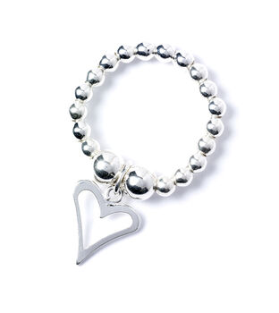 Sterling Silver Ball Bead Ring With Open Heart Charm, 5 of 8