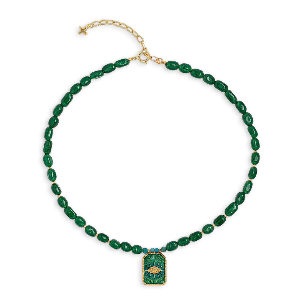 Green Jade Stone Beaded Evil Eye Charm Necklace, 1 of 1