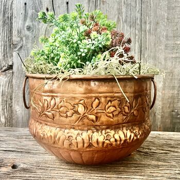 A Floral Embossed Vintage Style Copper Planter With Brass Ring Handles, 3 of 11
