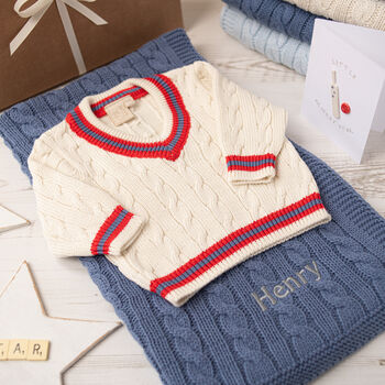 Red Stripe Baby Boy Cricket Jumper And Blanket Gift Set, 2 of 12
