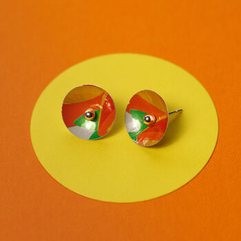Orange Printed Graphic Silver Ear Studs, 2 of 11