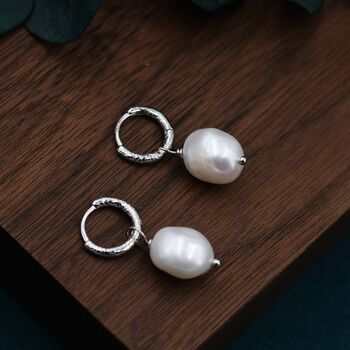 Baroque Pearl With Skinny Hammered Hoop Earrings, 3 of 11