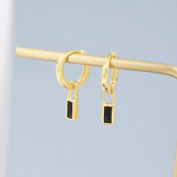 Sterling Silver Black Baguette Cut Cz Huggie Hoop Earrings, 5 of 12