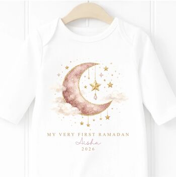 Personalised My Very First Ramadan 2026 Baby Bodysuit, Custom Name Ramadan Onesie, Celestial Moon And Stars Baby Shower Gift, 2 of 2