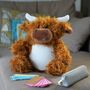 Highland Cow Zippy Soft Toy With Personalised Bag, thumbnail 1 of 4