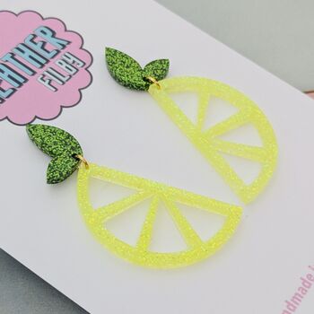 Yellow Lemon Slice Glitter Resin Handmade Statement Earrings, 2 of 3