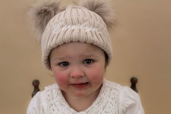 Personalised Sand Double Pom Pom Winter Hat And Booties, 4 of 4