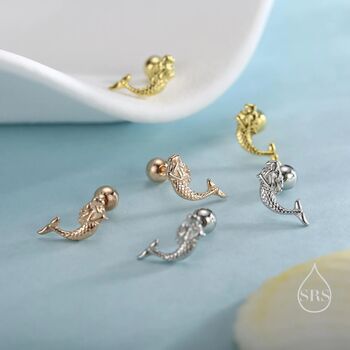 Sterling Silver Tiny Mermaid Screw Back/ Flat Back / Stud Earrings, 3 of 12