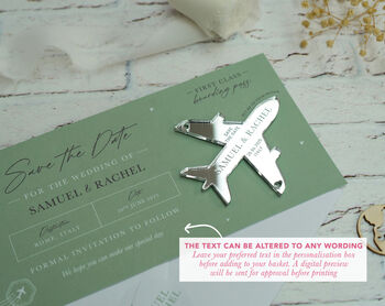 Sage Green Wedding Boarding Pass Save The Date With Silver Magnetic Plane, 3 of 6