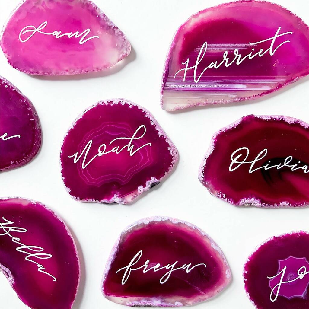 Five Pink Agate Slice Calligraphy Place Settings, 1 of 2