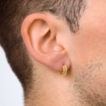 Gold Plated Huggie Patterned Hoop Earring For Men, 2 of 9