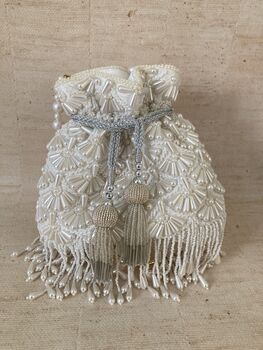 White Handcrafted Embellished Pearl Potli Wrist Bag, 3 of 12