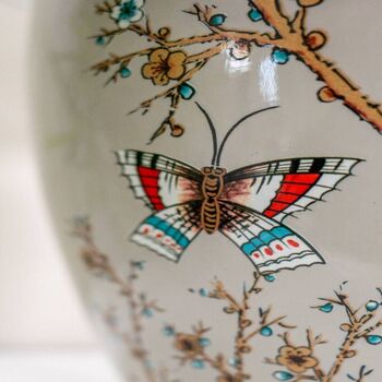 Grey Red Blue Butterfly Pattern Oriental Ceramic Lamp, 6 of 10