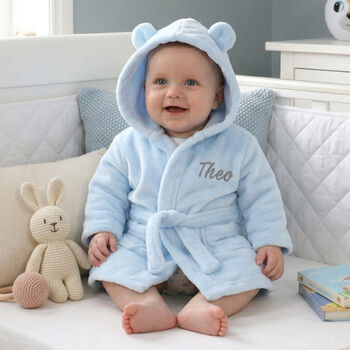 Personalised Blue Baby Dressing Gown With Ears On Hood, 2 of 6