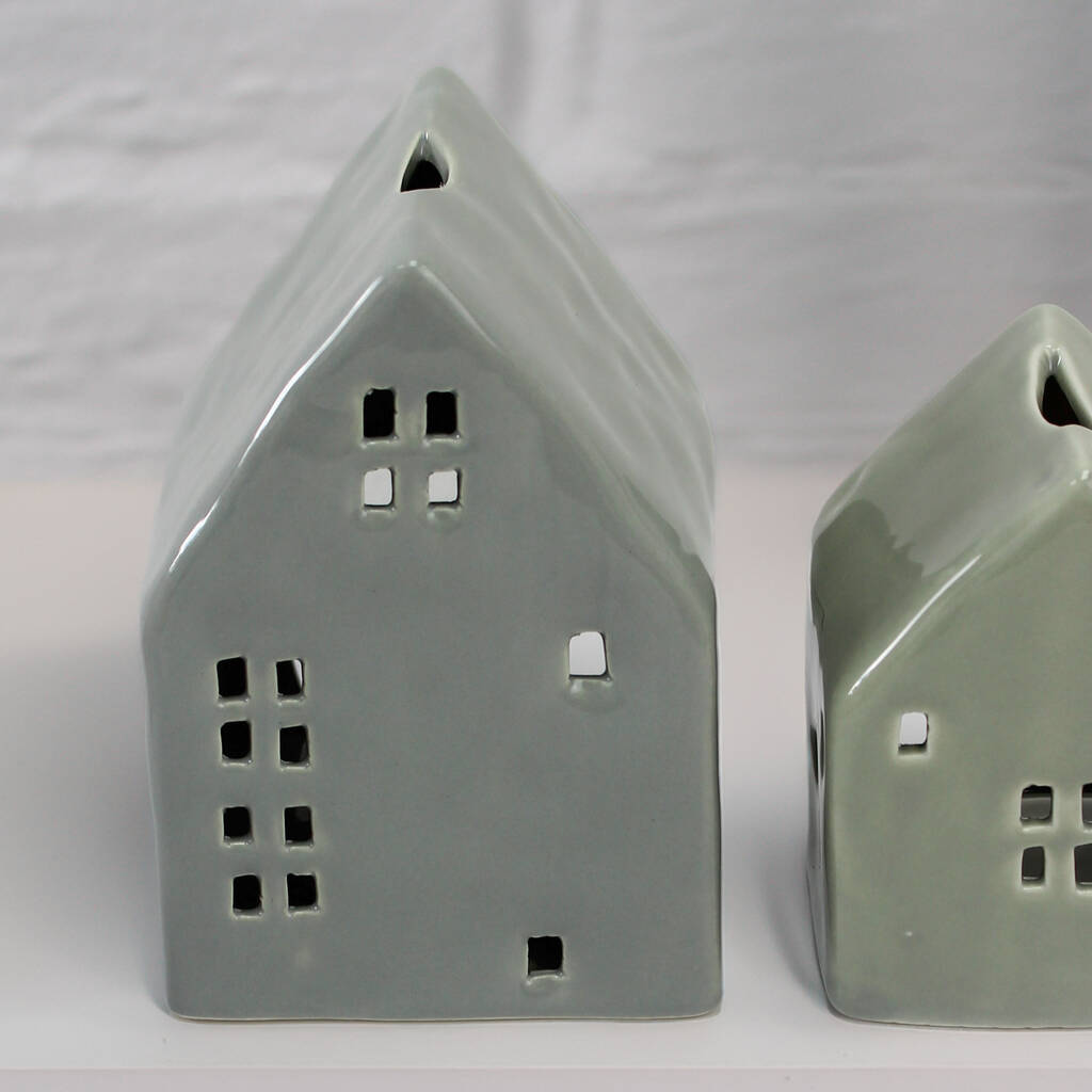 Glazed Ceramic Candle House In Sage Green Or Teal, 1 of 3