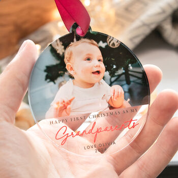 Personalised Christmas Bauble With Photo – First Christmas Grandparents, 6 of 6