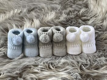 Grey Knitted Baby Booties With Pom Pom, 8 of 8