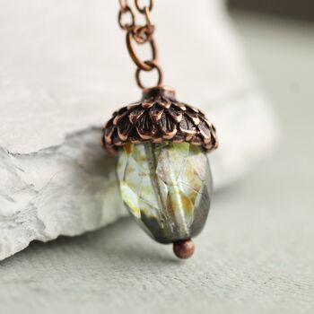 Small Speckled Oval Green Acorn Necklace, 2 of 11
