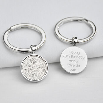 Luxury 70th Birthday Silver Sixpence Keyring, 3 of 8