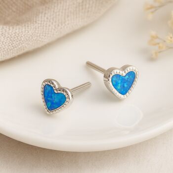 Sterling Silver Blue Opal Heart Stud Earrings – 5mm, 2 of 6