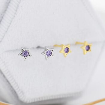 Tiny Amethyst Purple Cz Star Stud Earrings, 6 of 11