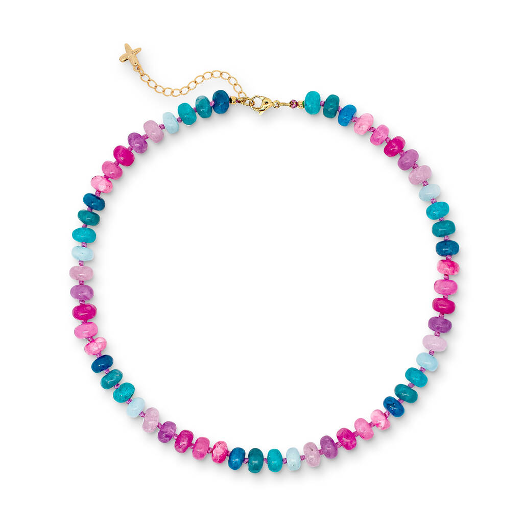 Purple, Pink And Blue Mixed Jade Stone Beaded Necklace