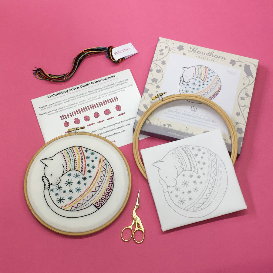 cat contemporary embroidery craft kit by hawthorn handmade