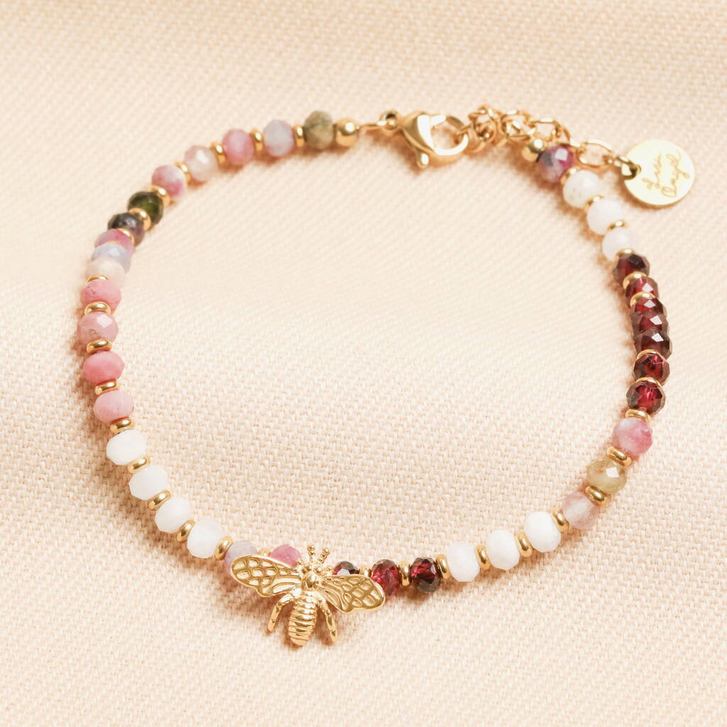 Semi Precious Burgundy Beaded Bee Charm Bracelet In Gold Plating, 1 of 4