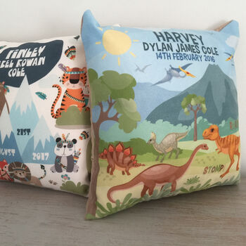 Personalised Dinosaur Fun Keepsake Birth Cushion, 2 of 4